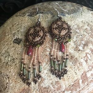 Hand Crafted Beaded Rosette Star Fringed Duster Pierced Earrings
